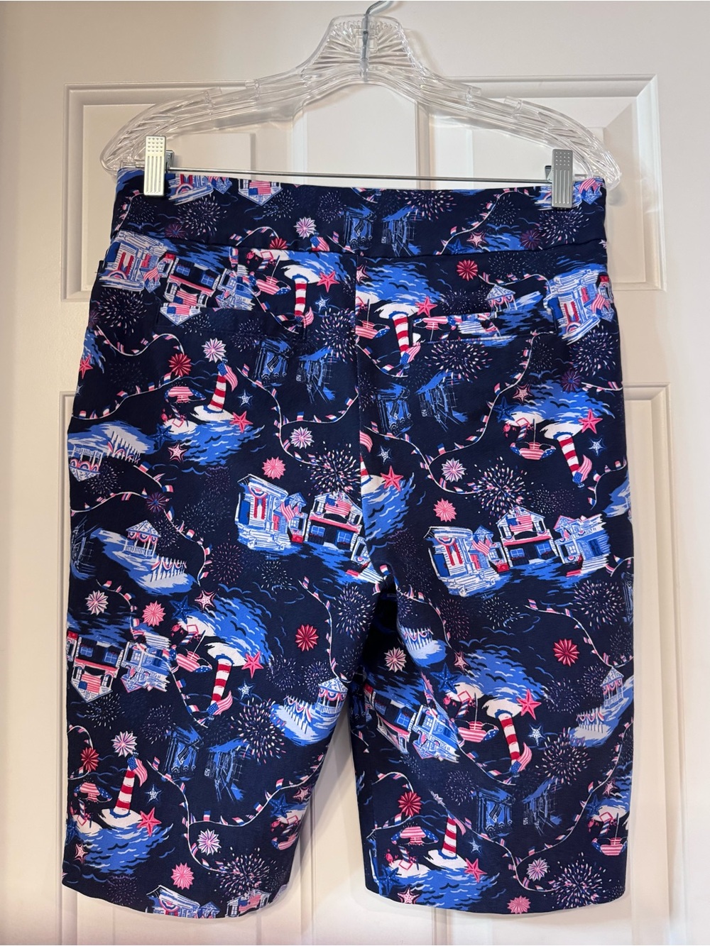 Kim Rogers Navy Lighthouse & Fireworks Print Bermuda Shorts